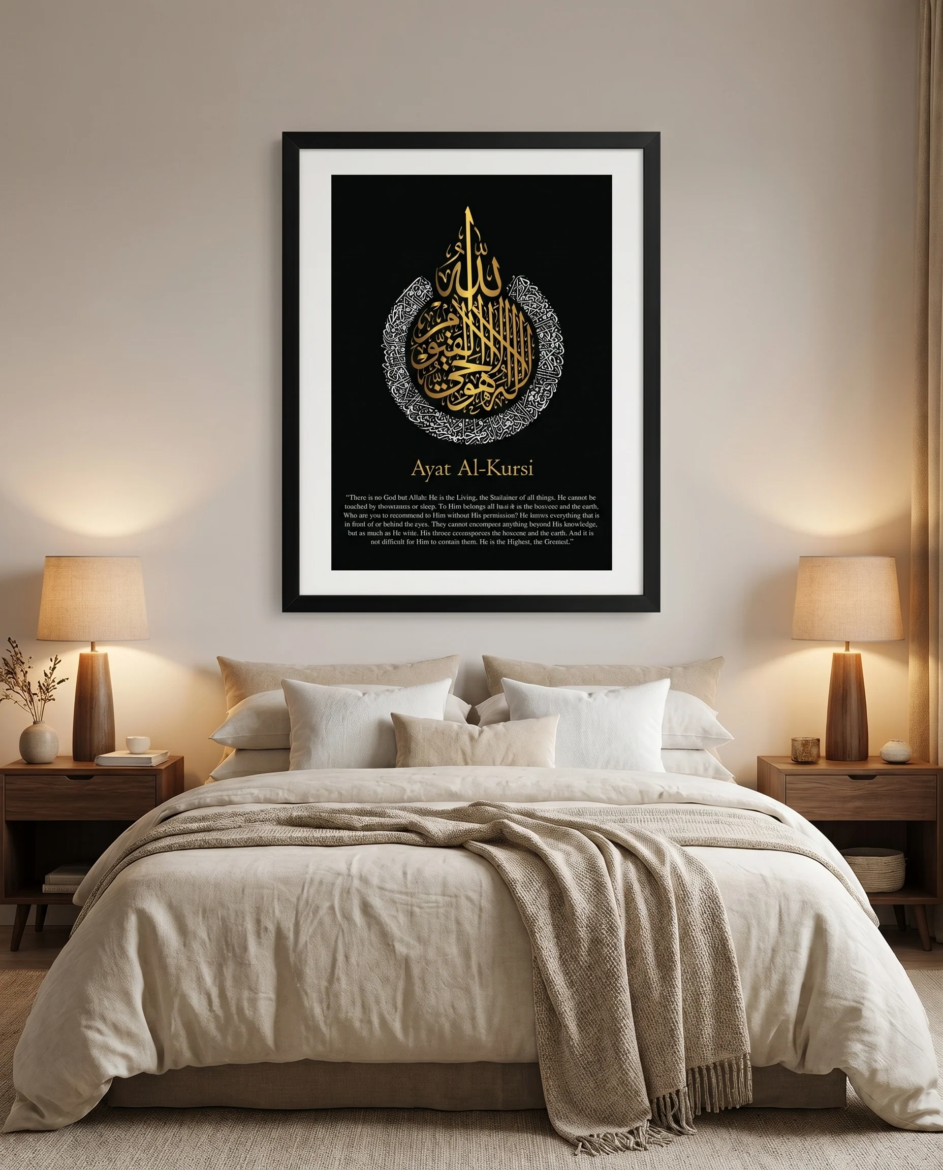 Ayatul Kursi English Calligraphy Black (White and Gold Design) Frame - Image 2
